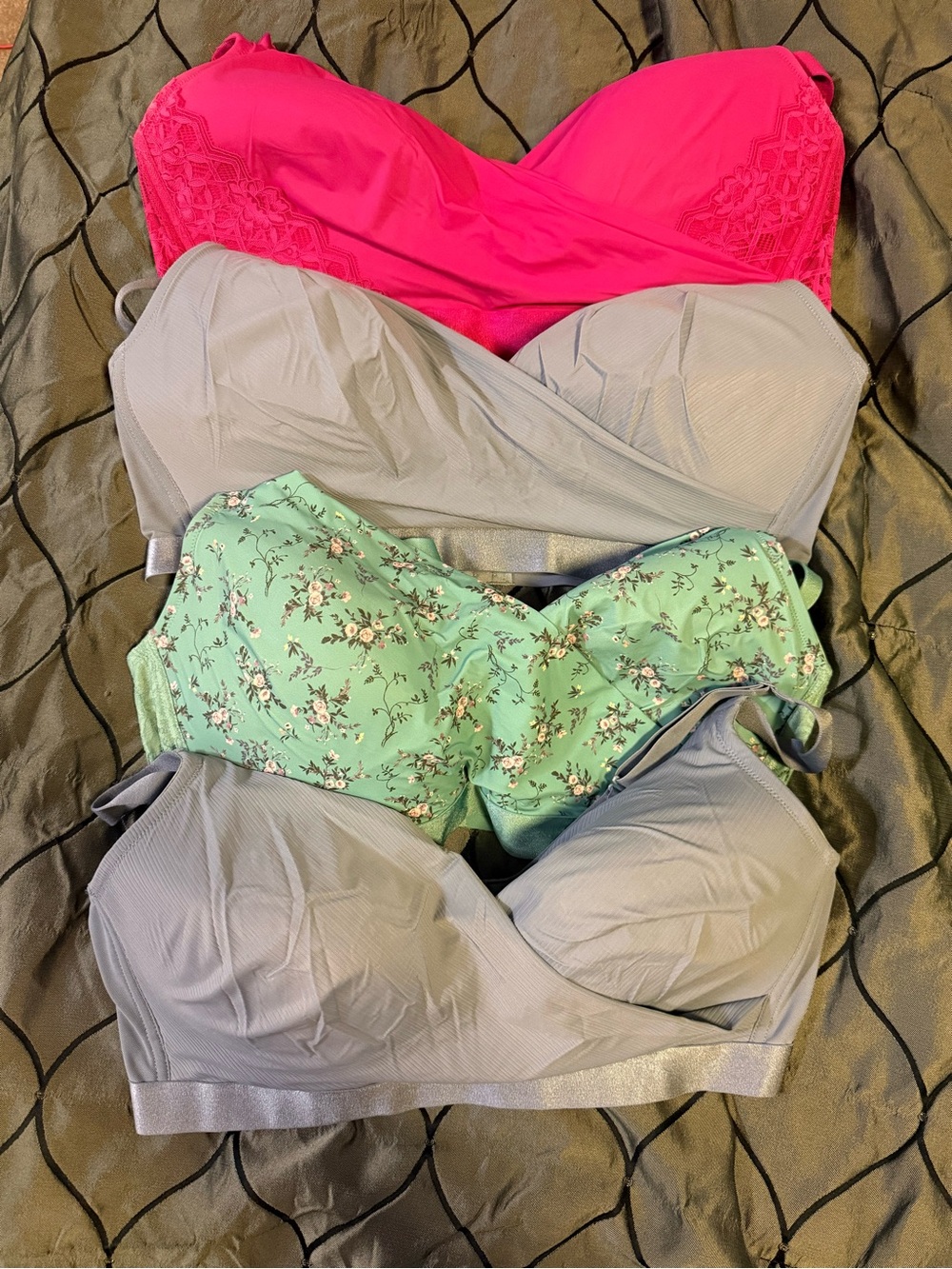 Deesse Lingerie Three-Pack Convertible Bras - Hot Pink, Mint Floral & slate Blue